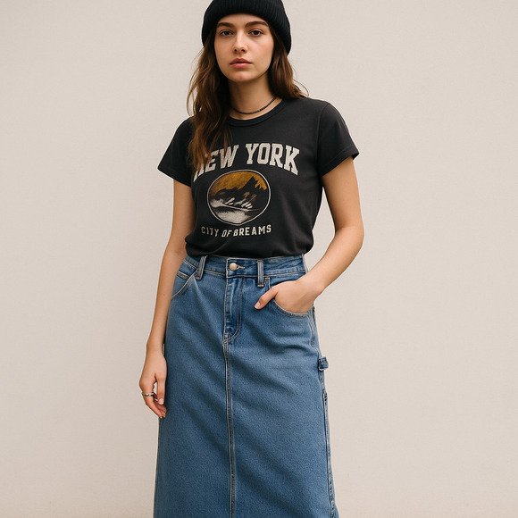 Vintage Bass Denim Maxi Carpenter Skirt Size 12 32" Medium Wash Back Slit Indie - Picture 1 of 12